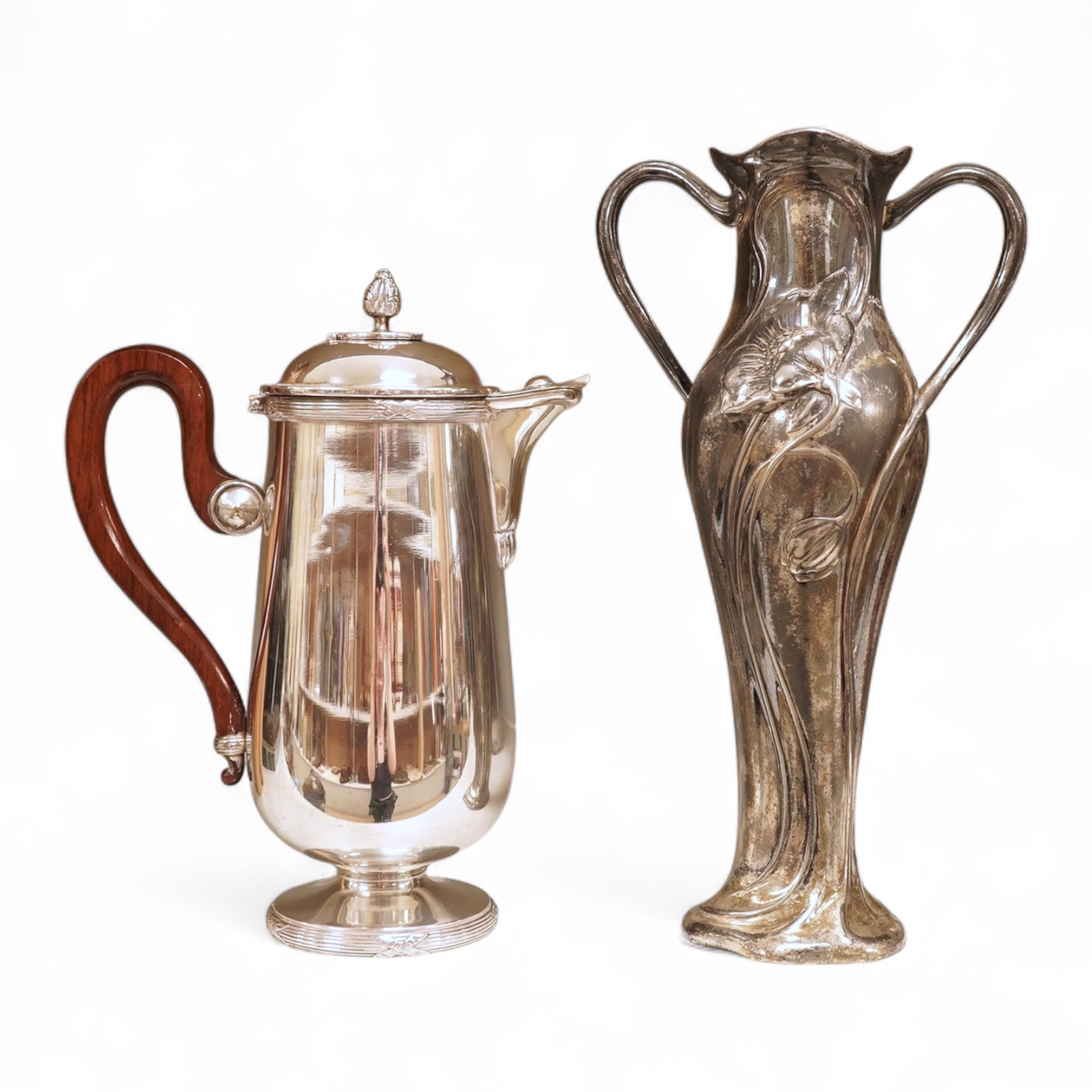 An Art Nouveau silver plated vase in WMF style, and a plated chocolate pot, vase 30cm high